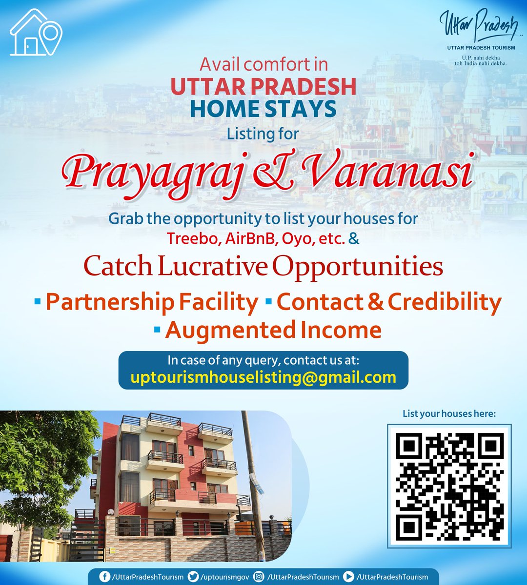 uptourismgov's tweet photo. Grab the opportunity to list your houses for #Treebo, #AirBnB, #OYO, etc., and avail lucrative opportunities as #UPTourism opens Home Stays Listing. In case of any query, contact us at - uptourismhouselisting@gmail.com
More details as follows.👇
#UttarPradesh
@MukeshMeshram https://t.co/Ij1xmKkSAv