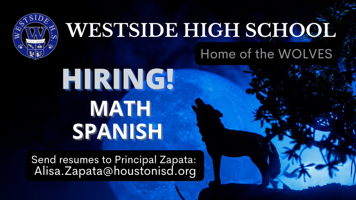 WestsideHigh's tweet image. We are hiring for Math and Spanish at Westside High School! Send your resume to Alisa.Zapata@houstonisd.org #OnePackOneGoal @ZapataAlisa @HISD_West @DrLauraStoutPMP