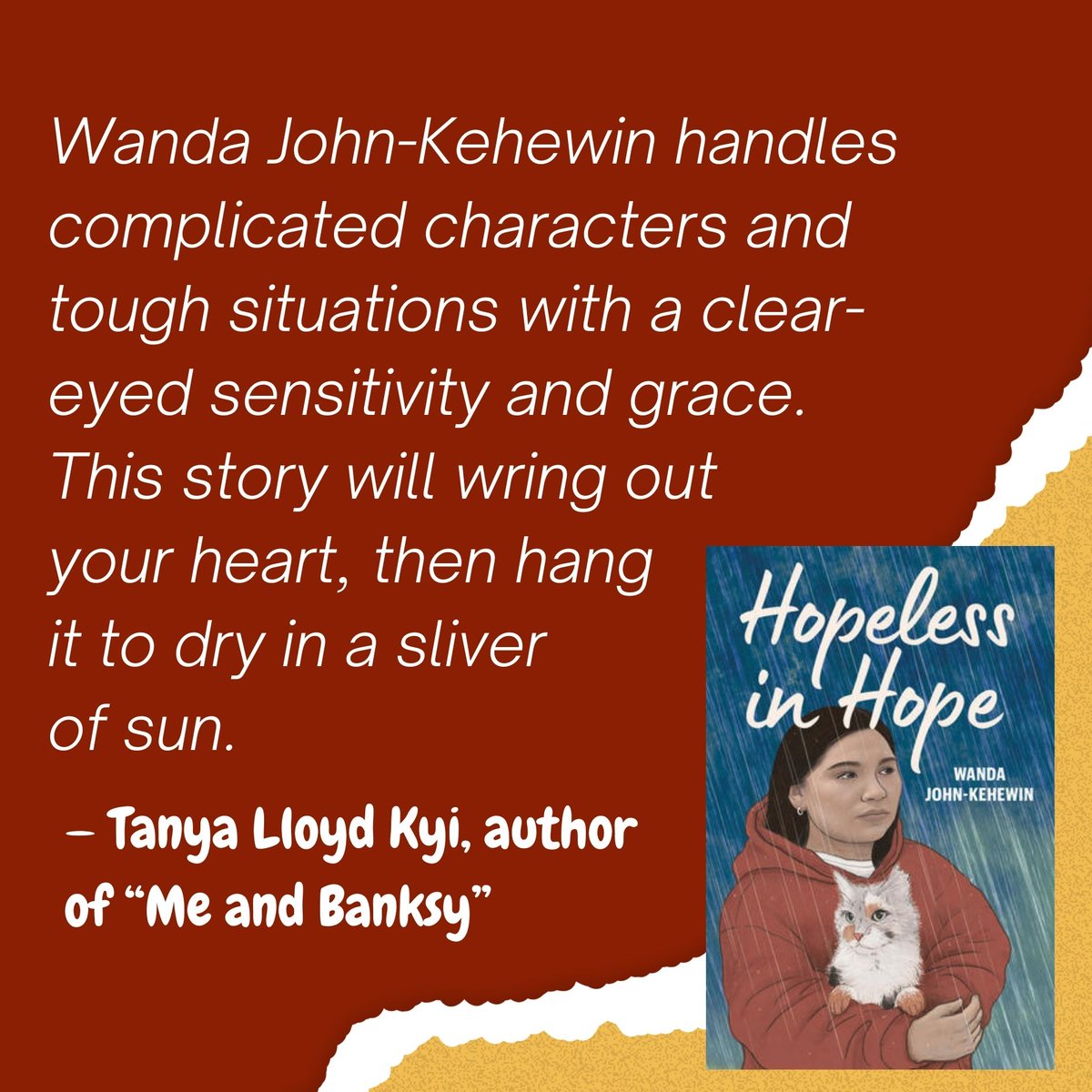 PortageMainPres's tweet image. This early review by prolific author Tanya Lloyd Kyi highlights the beauty of one of our upcoming books “Hopeless in Hope” in two perfect sentences 🧡
#HighWaterPress #IndigenousBooks #HopelessInHope #WandaJohnKehewin #YABooks