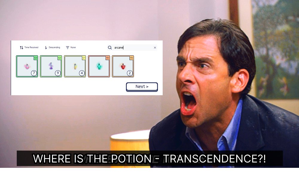 GM Otters! 

Don't know about you, but the Arcane Potion - Transcendence has me feeling like Michael Scott today 🙃

#Gamefi 
#PolygonNFTs