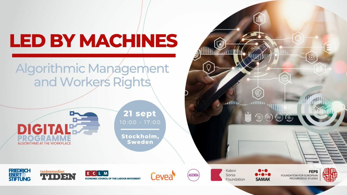 FEPS_Europe's tweet image. Join us for the public launch of our #DigitalProgramme to discuss with experts the effects of digital tech on the nature of work itself across the labour market.

📌 Save the date
📅 21/09
🕙 10:00-17:00
📍 Stockholm, Sweden
ℹ️ bit.ly/LedbyMachines
