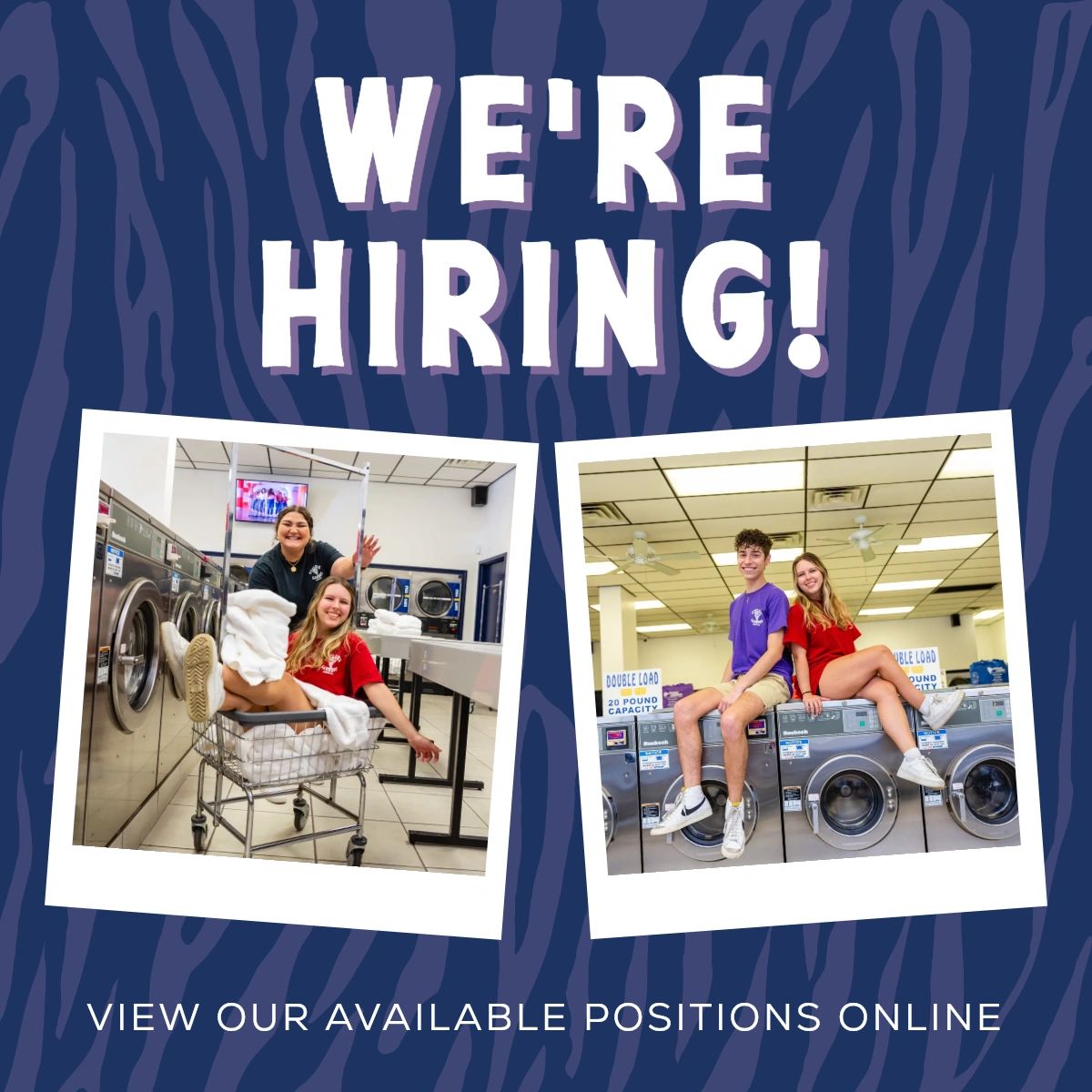 Our fun and energetic crew is growing! We’re looking to hire college students to join the Cyclone Laundry &amp; Internet Cafe team. Check out our available positions and apply by visiting cyclonelaundry.com/jobs.php. #CycloneLaundry #GeauxTigers #LSU
