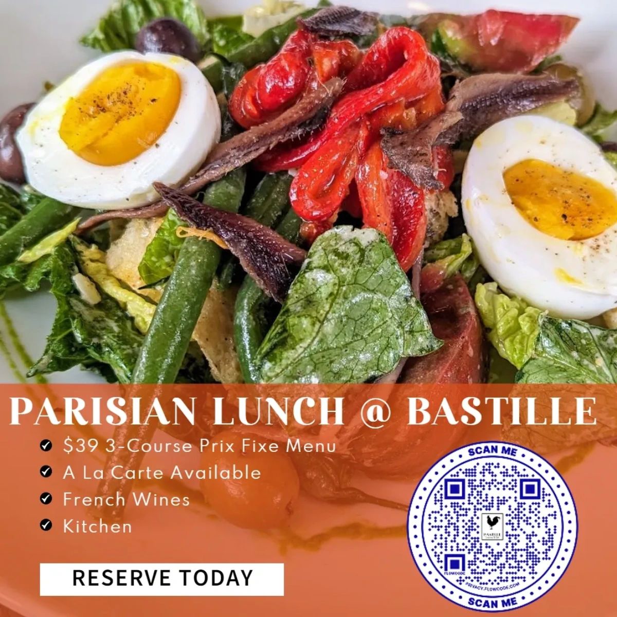 Join us for our seasonal three-course Parisian lunch menu every Wednesday to Friday! Choose an appetizer, entrée, and one of Chef Michelle's delicious desserts, all for $39 per person. Bon appétit! #everydayisabastilleday #visitALX #parisianlunch #frenchinALX #bastilleva