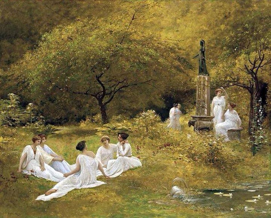 longvictorian2's tweet photo. The Muses Garden by Lionel Royer (French artist, lived 1852–1926). 

There are nine Olympian Muses - each a supernatural force that provides artistic inspiration in different areas - poetry, history, music, dance etc. https://t.co/BqkMZQRiIG