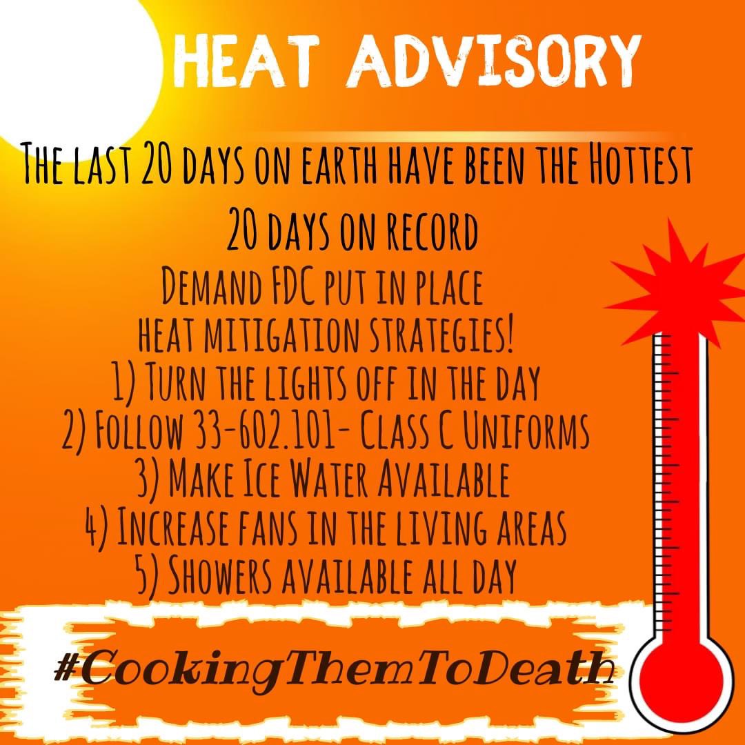 The last 20 days on earth  have been the hottest 20 days on record.  What is @FL_Corrections  doing to protect those incarcerated.   Large population of elderly, medically and psychiatrically vulnerable individuals.  Heat mitigation needs to be priority! #cookingthemtodeath
