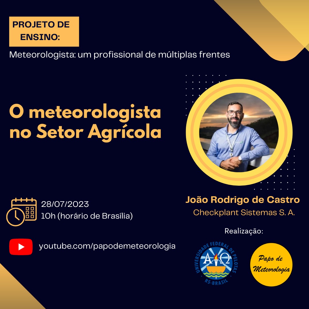 Olá!!! Nossa próxima edição está chegando e iremos falar sobre "O meteorologista no Setor Agrícola", com o Meteorologista e Dr. em Agronomia João Rodrigo de Castro. Nosso encontro será na próxima sexta-feira (28) às 10h.

#meteorologia #agrometeorologia #ufpel #papodemeteorologia