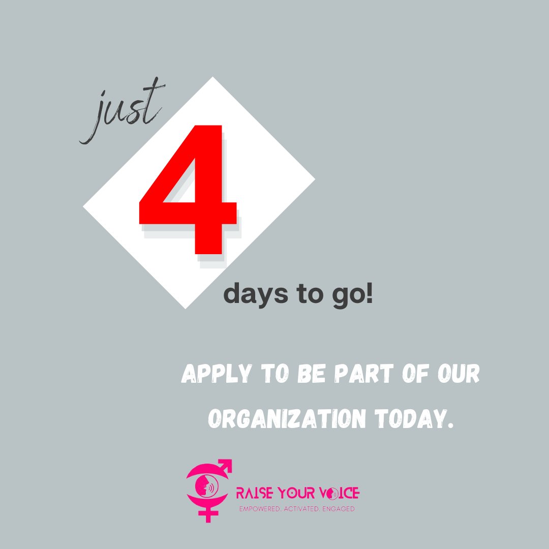 It's T-4 days!

To be part of #RaiseYourVoice either as a Board Member or as a Volunteer, visit the links below and apply before the application window closes on the 30th of July, 2023

1. forms.gle/gxX6oW6EXTKjZE…
2. forms.gle/nVDDUh6giWQFcS…

#OpportunityAlert 🚨