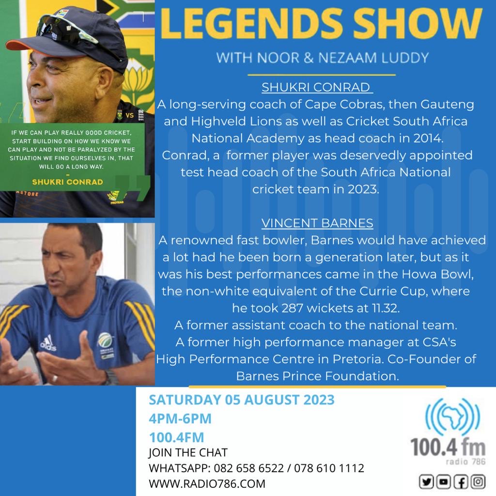 Looking forward to this show on the 5th August 2023. 

Two #Legends of the game.🙌🏾🏏🇿🇦❤️

Tune in folks…
cc ⁦<a href="/VincentBarnes60/">Vincent Barnes</a>⁩ ⁦<a href="/geoffreytoyana/">Geoffrey Toyana</a>⁩ ⁦<a href="/robbie13flair/">Robin John Peterson</a>⁩ ⁦<a href="/ashyp_5/">Ashwell Prince</a>⁩ ⁦<a href="/BarnesPrinceF/">BarnesPrinceFoundation</a>⁩ ⁦<a href="/NoorRichard/">Richard Noor. PhD</a>⁩ <a href="/debrajbarnesCPT/">Debra Barnes</a> Talking #Cricket