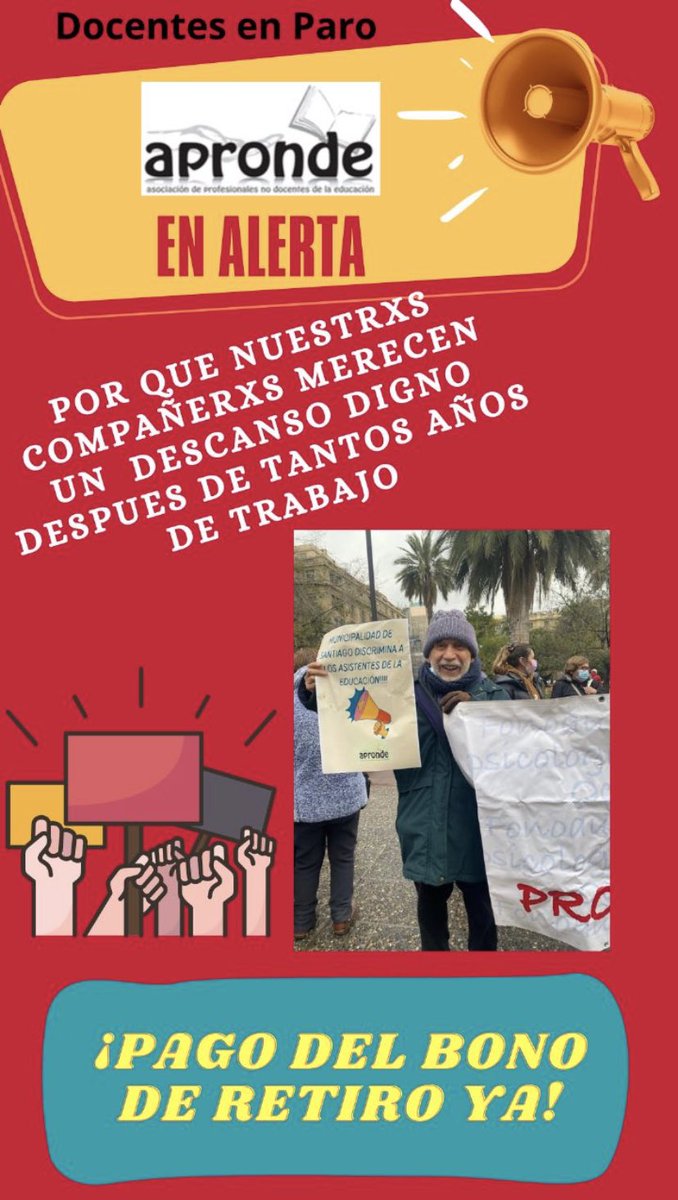 Hoy los docentes paralizan por demandas justas y compartidas. Como Apronde nos mantenemos en alerta por lxs compañerxs AAEE que NO pueden seguir esperando. PAGO BONO RETIRO YA! <a href="/Mineduc/">Ministerio de Educación</a> <a href="/Afesa4/">Afesa Stgo</a> <a href="/GabrielBoric/">Gabriel Boric Font</a> <a href="/ProfMarcoAvila/">Marco Antonio Ávila Lavanal</a> <a href="/educastgo/">DEM Santiago</a>