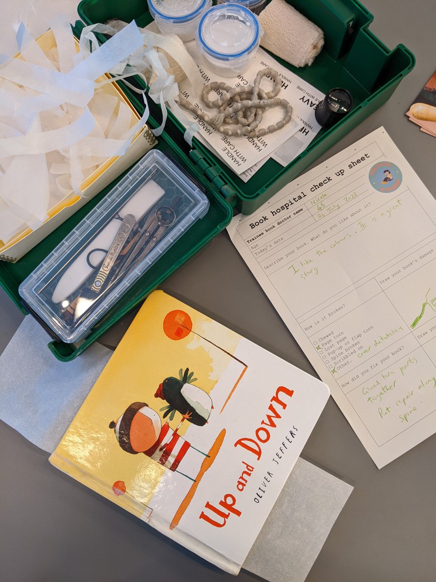 BodCons's tweet photo. We had our first patient in the #BookHospital today 🩹 This much loved @OliverJeffers book is now patched back up and ready for more reading! https://t.co/LGhxoetNsc