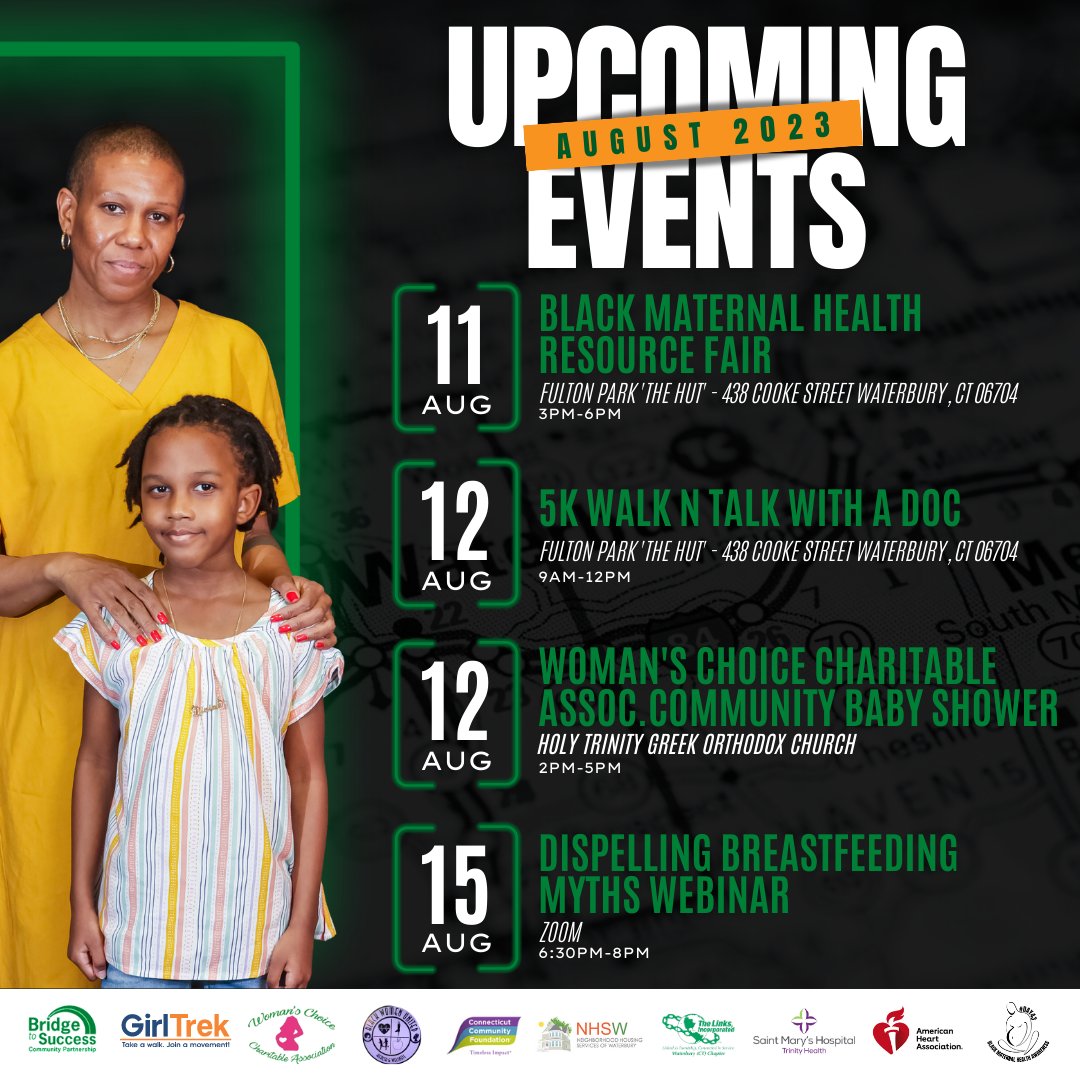 📅 August's empowering events are here! Join us for the Black Maternal Health Resource Fair, 5k Walk 'n Talk, Community Baby Shower, and Breastfeeding Myths Webinar. Let's make a difference together! 

Register Today: linktr.ee/waterburybridg…  

#Day43 #community #WaterburyCT