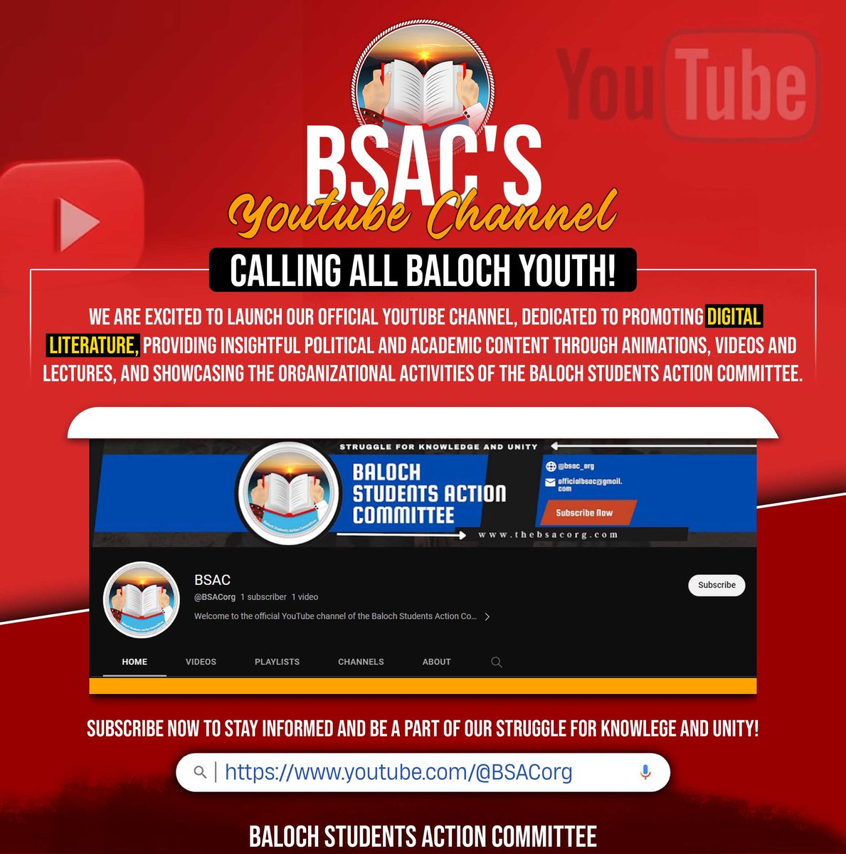We are excited to luanch our Official Youtube Channel dedicating to promoting Digital Literature providing insightfull, Political and Academic contents through Animations,Videos and Lectures and showcasing the Organizational activities of the BSAC.
⏬️
youtube.com/@BSACorg