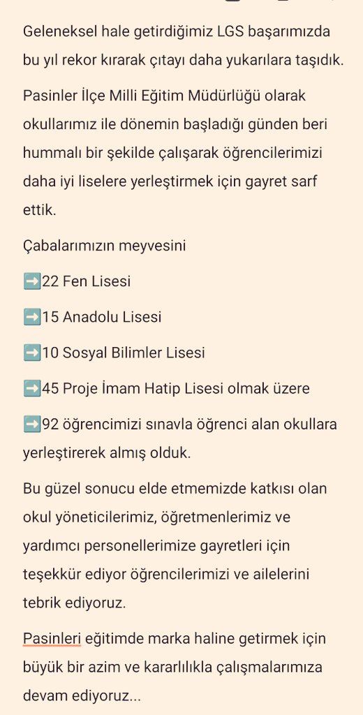 LGS başarımızı bu yıl rekor kırarak artırdık.

➡️22 Fen Lisesi 
➡️15 Anadolu Lisesi 
➡️10 Sosyal Bilimler Lisesi
➡️45 Proje İmam Hatip Lisesi olmak üzere 
➡️92 öğrencimizi sınavla öğrenci alan okullara yerleştirdik.
<a href="/pasinlerkym/">Pasinler Kaymakamlığı</a>
<a href="/Erzurum_Mem/">Erzurum İl Millî Eğitim Müdürlüğü</a>
<a href="/hakancinarmem/">Hakan ÇINAR</a>