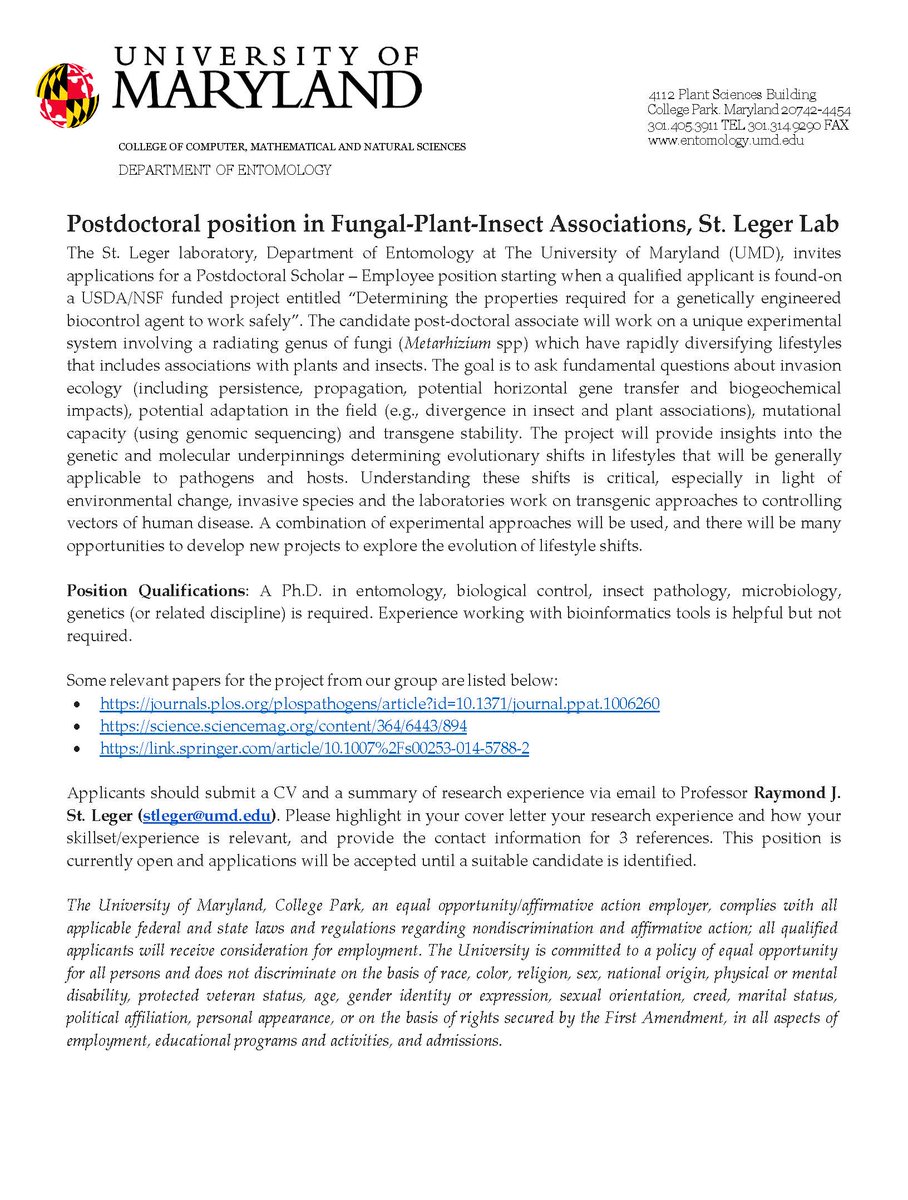 📢The St. Leger lab is looking to hire a postdoc to work on a unique experimental system involving a radiating genus of fungi (Metarhizium spp) which have rapidly diversifying lifestyles that includes associations with plants and insects.