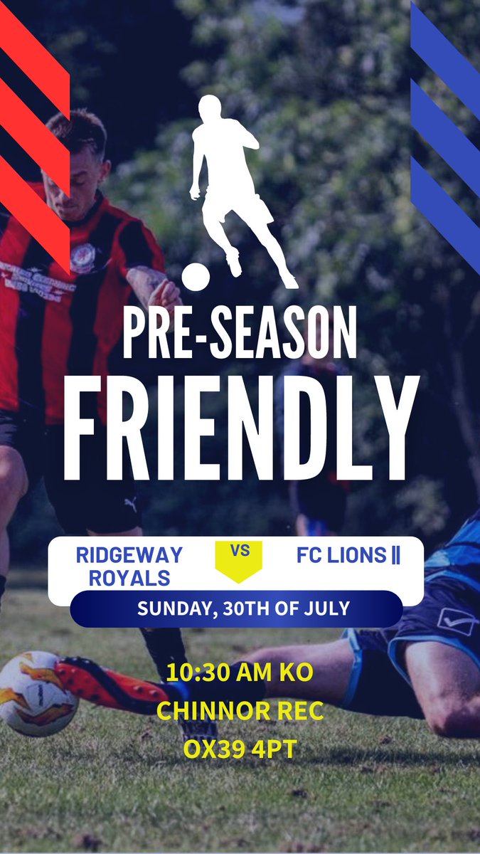 Pre-Season Starts Here ⚽️💙
🕛 Sunday 30th July
🆚<a href="/OfficialFCLions/">FC Lions</a> 
📍Chinnor Rec - OX39 4PT
⏰ 10:30 KO
All Supporters Welcome 💙