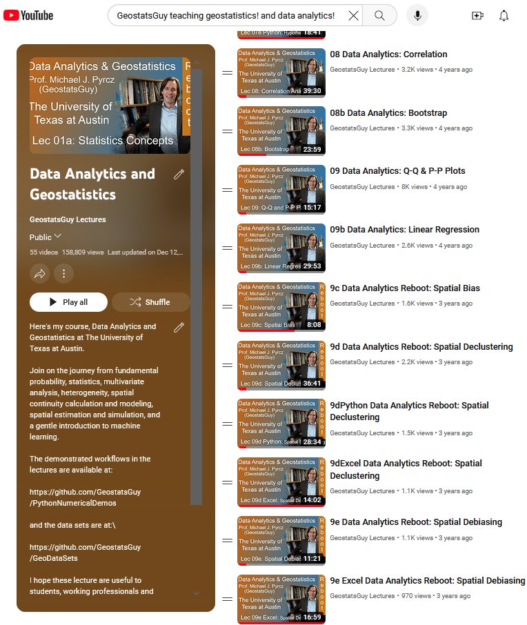 GeostatsGuy's tweet photo. Did you know that I share my entire super-accessible, university #DataAnalytics & #geostatistics course online?

Recorded lectures, with 100s of #Python code walk-throughs, interactive dashboards to explore concepts & models, and well-documented, best-practice demonstrations.

Join me on #YouTube @ https://t.co/HGqqHDQKcu ∀. #DataScience #DataAnalytics