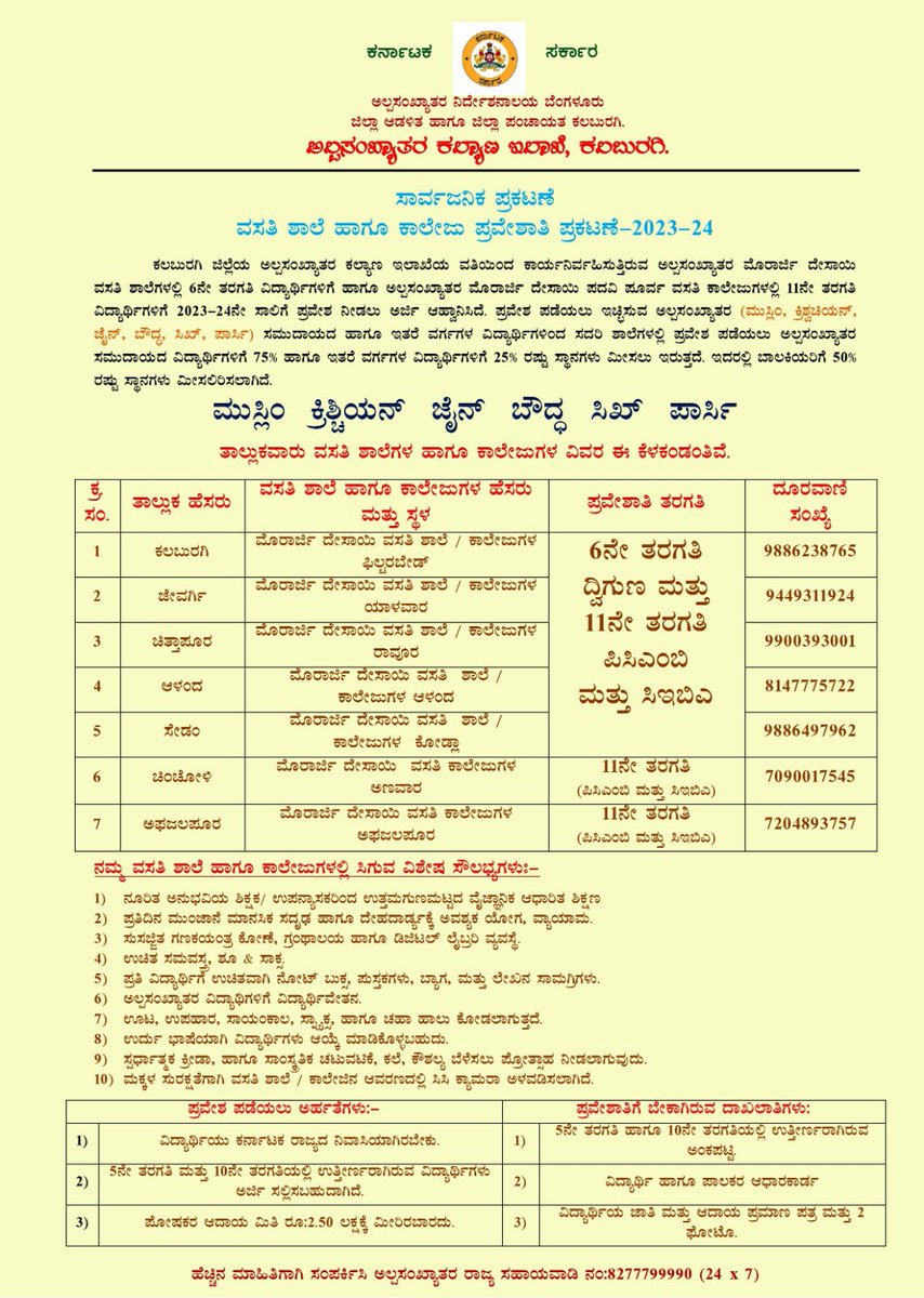 A total of additional 300 seats for 6th std and 840 seat for 1st PU is available for Minorty students in Kalaburagi dist.
Kindly inform to all eligible and needy students. 
<a href="/DOMGOK/">Department of Minority Welfare, Govt of Karnataka</a> <a href="/PriyankKharge/">Priyank Kharge / ಪ್ರಿಯಾಂಕ್ ಖರ್ಗೆ</a> <a href="/Fouzia_Taranum/">Fouzia Taranum</a>