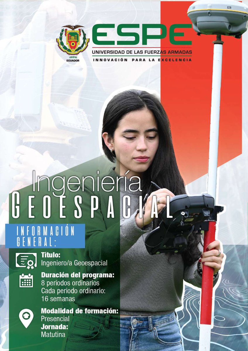InGeoESPe's tweet photo. 🌎🗺️🛰️ Carrera de Ingeniería Geoespacial. Estudia con nosotros! 📚🤓🎓📜  Información: (02) 3989-400 ext 1701, 1703 https://t.co/vCM21U5KNy
