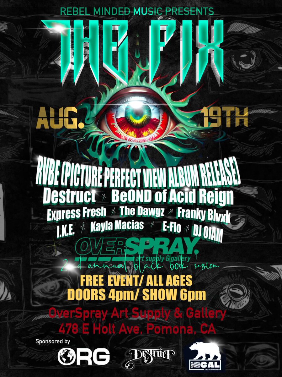Destruct 🇧🇷/🇨🇱 (@destructla) on Twitter photo Sat Aug. 19th 💥 
#RebelMindedMusic Presents…
The Fix 🎼🥃💨
+ @overspray_supply 
2nd Annual Black Book Session 
Sponsored by <a href="/onlyrepgreen/">ORG</a> 🌐 
Going Down at @overspray_supply FREE Event / All Ages / Doors 4pm / Show 6pm / el arte’ vive 🎨🎼 Sat Aug. 19th 💥 
#RebelMindedMusic Presents…
The Fix 🎼🥃💨
+ @overspray_supply 
2nd Annual Black Book Session 
Sponsored by <a href="/onlyrepgreen/">ORG</a> 🌐 
Going Down at @overspray_supply FREE Event / All Ages / Doors 4pm / Show 6pm / el arte’ vive 🎨🎼