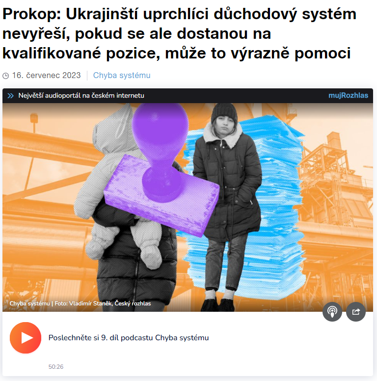 paq_research's tweet photo. „Migrace Ukrajinců může důchodovému systému pomoct, jen pokud je dobře integrujeme a umístíme do pozic, na které mají kvalifikaci. Lidé pracující na dohody, načerno nebo na nízce placených pozicích v výrazně nepřispívají," říká @dan_prokop v #Chybasystemu od @CRoPlus. https://t.co/dVwtLFm21N