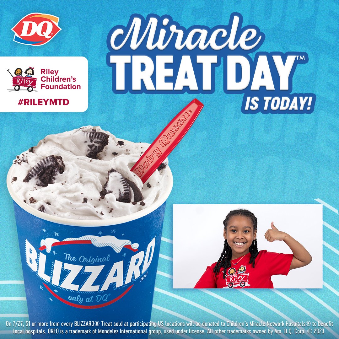 RileyKids's tweet photo. Buy a BLIZZARD Treat today! Miracle Treat Day brings hope that can help change kids’ health to change the future. $1 or more from every BLIZZARD Treat sold at participating @dairyqueen locations will be donated to @cmnhospitals to benefit @rileychildrens #RileyMTD #MTD https://t.co/axcSf02dSk