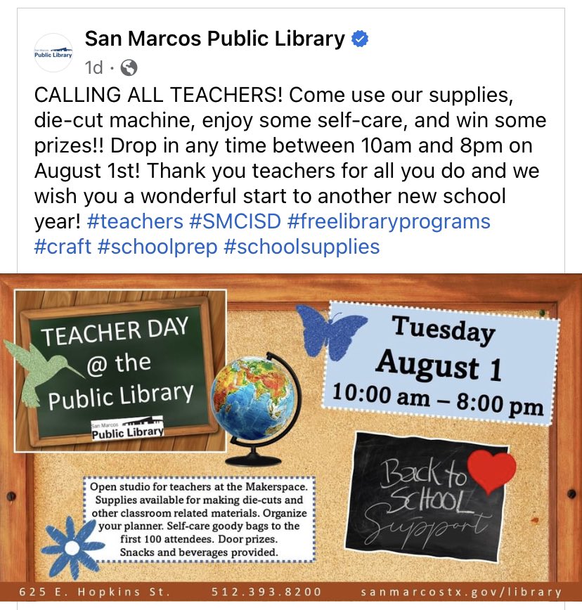 Opportunity at the SMPL next week! Always grateful for our library. <a href="/CityofSanMarcos/">San Marcos</a>