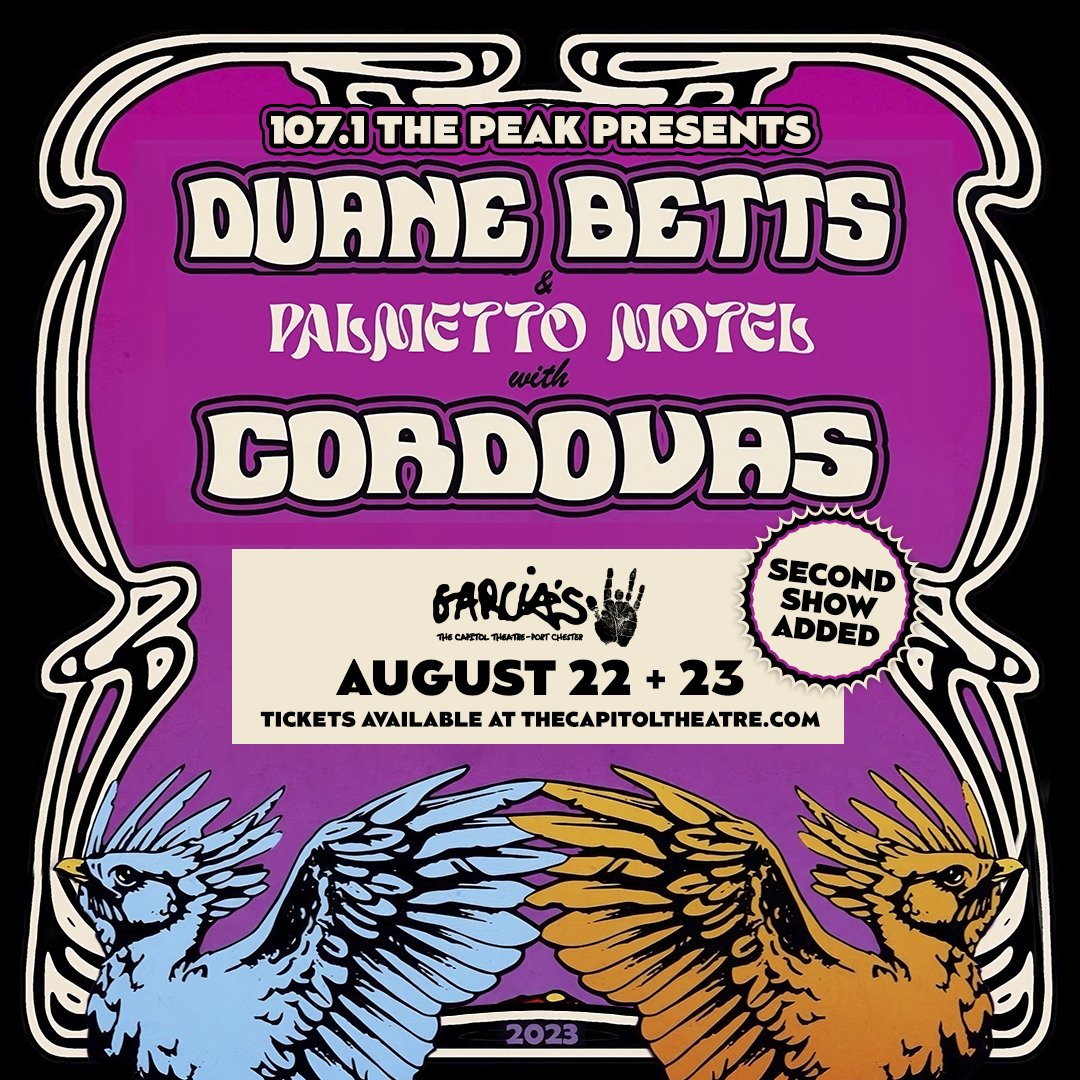 💥 SECOND SHOW ADDED! 💥 <a href="/MrDuaneBetts/">Duane Betts</a> &amp; Palmetto Motel and <a href="/CORDOVASBAND/">Cordovas</a> jam back-to-back nights of sweet southern rock on August 22 + 23, presented by our friends at <a href="/1071_thepeak/">107.1 The Peak</a>! Grab your tickets 🎫 now--&gt;&gt; bit.ly/3OaGNtz