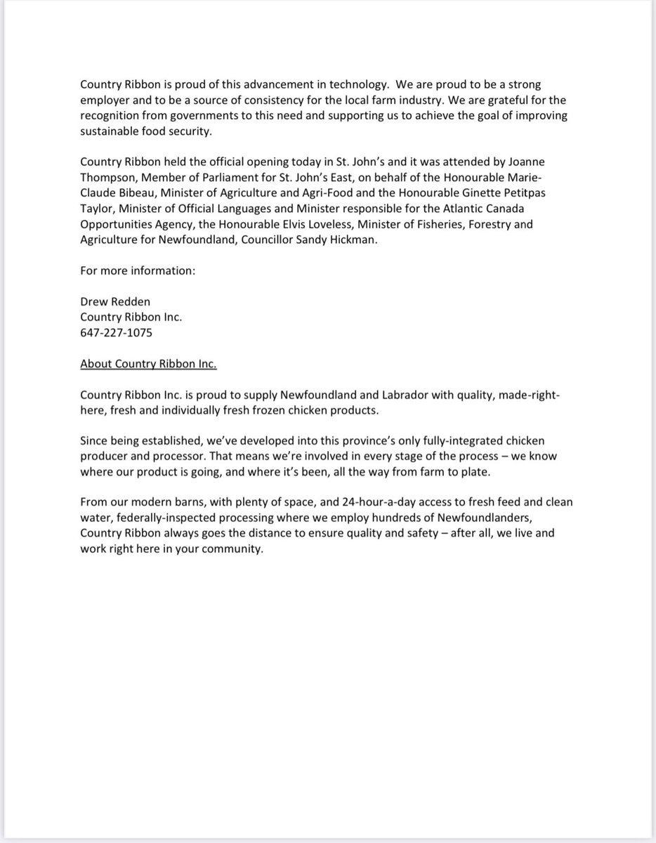 Min <a href="/ElvisLoveless/">Elvis Loveless</a> joined @sandyHAtLarge <a href="/Joanne_NL/">Joanne Thompson</a> <a href="/country_ribbon/">Country Ribbon</a> GM Ian MacKinnon &amp; staff to open the company’s new air chill facility. This $20-million expansion in partnership with <a href="/AAFC_Canada/">AAFC Canada</a> <a href="/ACOACanada/">ACOA Canada</a> <a href="/GovNL/">Government of Newfoundland & Labrador</a> will help ensure food self-sufficiency &amp; sustainability #GovNL