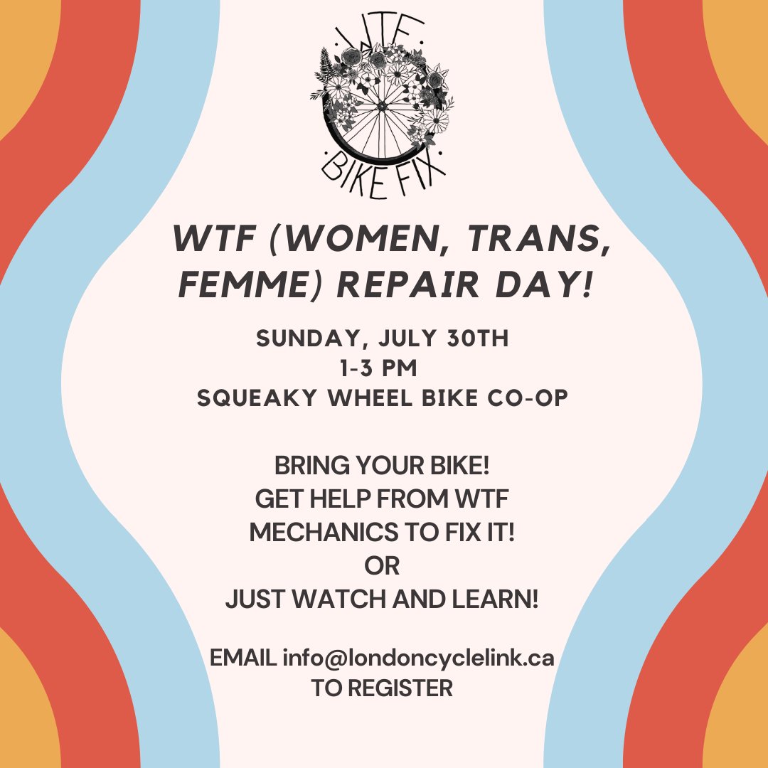 WTF is happening this Sunday! Join us in the shop from 1-3 PM! Bring your bike and learn from the best! This day is for women, trans, and femme folks! Email info@londoncyclelink.ca to register🚲