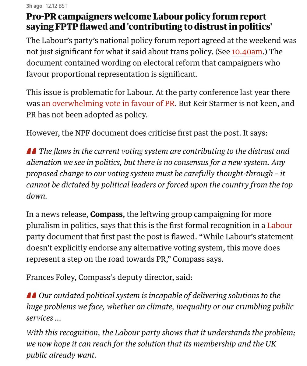 CompassOffice's tweet photo. Us in the @guardian on Labour's criticism of FPTP in its NPF report.

The party has recognised that FPTP is driving ‘distrust and alienation’ in politics; we now hope it can reach for the solution that its membership and the UK public already want.

https://t.co/8HCOiHsVSQ https://t.co/pW7xG3aInL