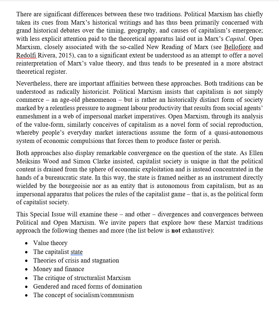 📢 Call for Papers 📢

We're putting together a Special Issue in Capital &amp; Class (<a href="/CapitalClass2/">Capital & Class</a>) titled: 

‘Political Marxism and Open Marxism: Divergences and Convergences’.

Is this your kind of thing? Submit an abstract by 🗓️15 October 2023🗓️!

docs.google.com/document/d/11M…