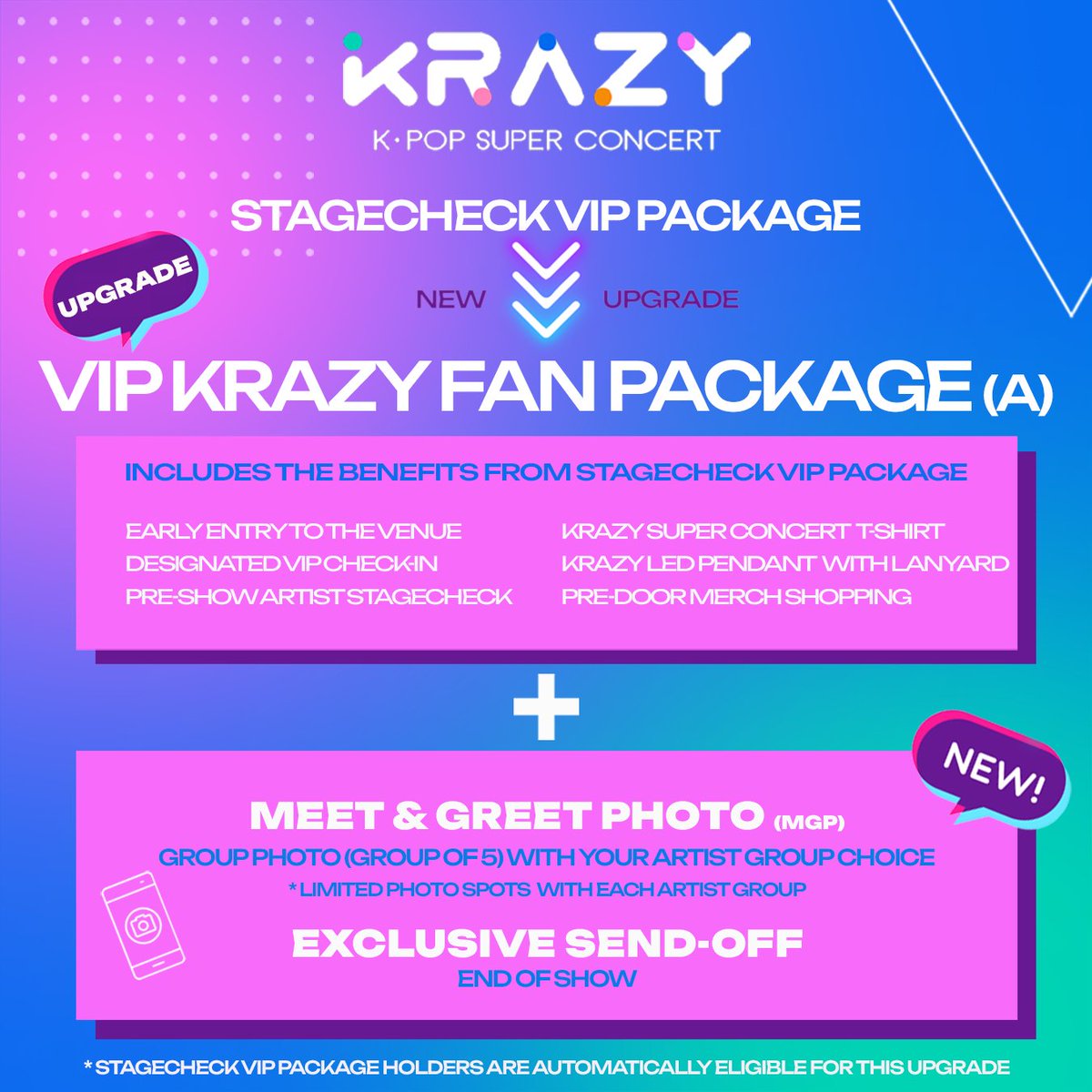 krazyconcert's tweet photo. 🚨 Upgrade Alert! 🚨 Stagecheck VIP Package have been automatically upgraded to KRAZY VIP FAN PACKAGE A! We are excited to introduce TWO brand-new packages for even more flexibility. 🤩

Package On Sale:
Newly-Upgraded Package A: 7/27 12PM EST
Package B and C: 7/31 12PM EST https://t.co/kzuan5M8uU
