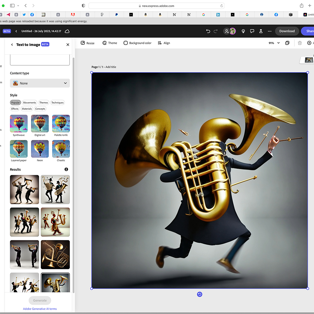 Wild_Yorkshire's tweet image. Okay, so I struggled to draw the massed instruments of the Castletown Silver Band dancing. If AI is so clever, let’s see what it can do with the words ‘brass instruments dancing.’
Happy birthday to Zoe. Keep on raving.
#AI #AdobeExpress #brassinstruments
wildyorkshire.blog/2023/07/dancin…