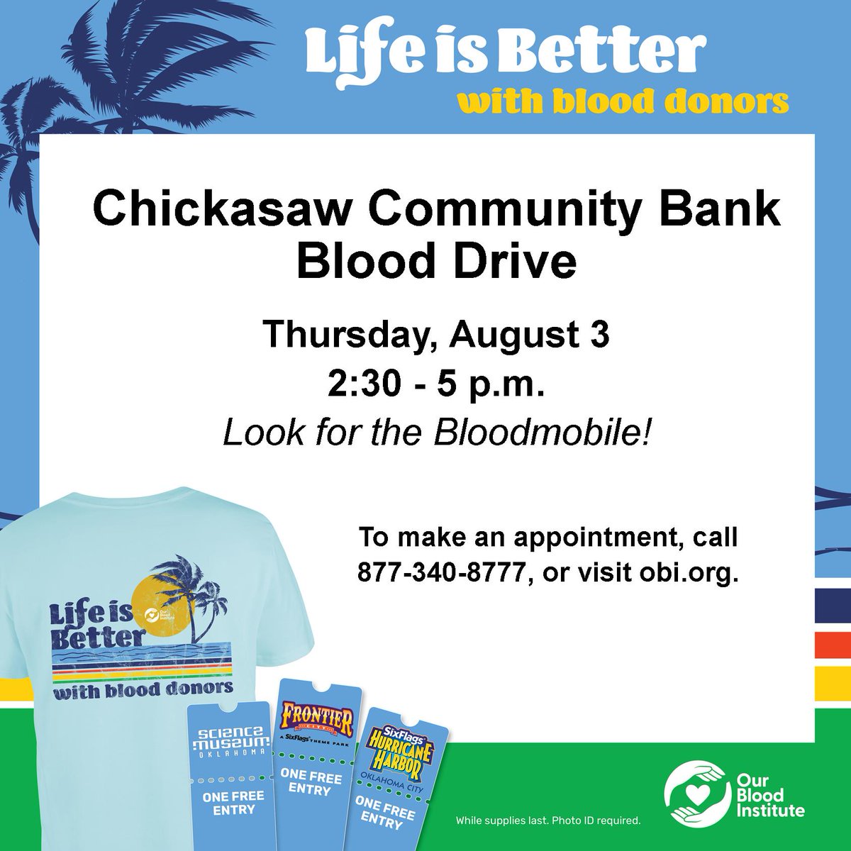Join us in making a life-saving impact! 

Chickasaw Community Bank is proud to host a blood drive on Thursday, August 3rd, from 2:30-5 pm. 

🔁 Spread the word, bring a friend, and let's make this blood drive a resounding success! 💖🩸💪 Sign up here! 
ow.ly/YiWl50PgrP2