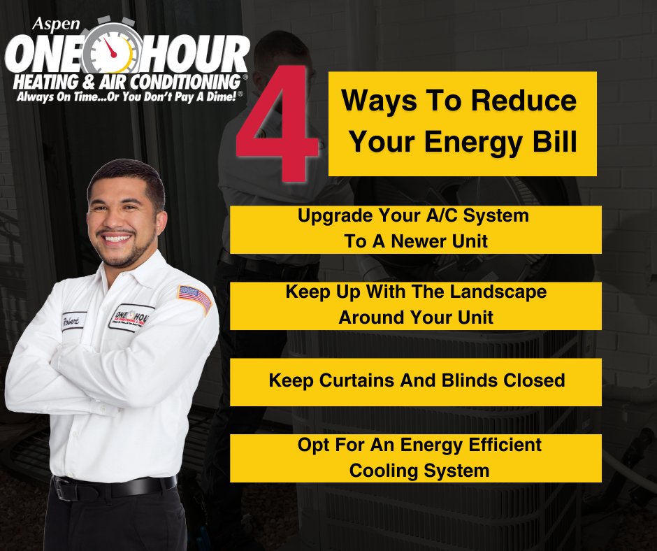 AspenOneHour's tweet photo. Everyone loves saving money. 💸

Brought to you by the experts at Aspen One Hour, here are 4 ways you can reduce your energy bill! 

 #OneHourHeatandAir #ComfortSystems #TheMoreYouKnow https://t.co/WsqWfttt3q