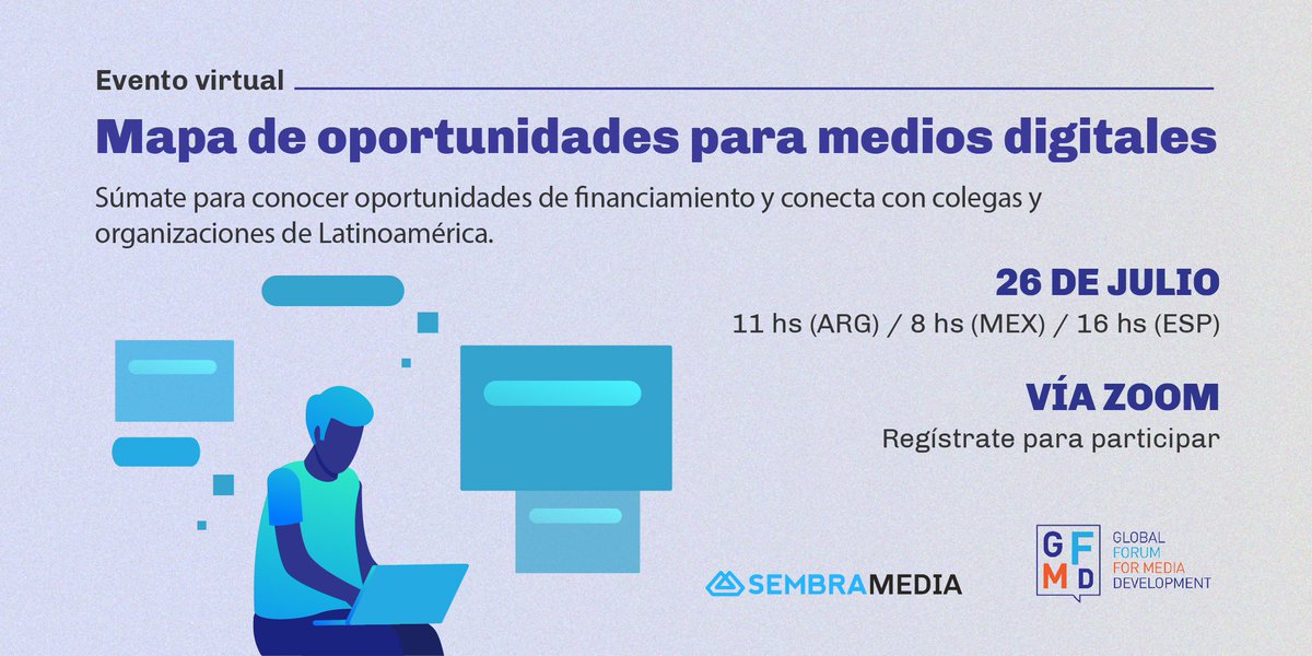 SembraMedia (@sembramedia) on Twitter photo 🔴Arrancamos el evento: Mapa de oportunidades para medios digitales.
Representantes de <a href="/MediaGFMD/">Global Forum for Media Development #MediaDev</a> y SembraMedia compartirán sus conocimientos sobre todo lo que debes saber a la hora de buscar financiamiento para tu medio. 👉 bit.ly/3O79g4E
Cobertura en vivo 👇🧵 🔴Arrancamos el evento: Mapa de oportunidades para medios digitales.
Representantes de <a href="/MediaGFMD/">Global Forum for Media Development #MediaDev</a> y SembraMedia compartirán sus conocimientos sobre todo lo que debes saber a la hora de buscar financiamiento para tu medio. 👉 bit.ly/3O79g4E
Cobertura en vivo 👇🧵