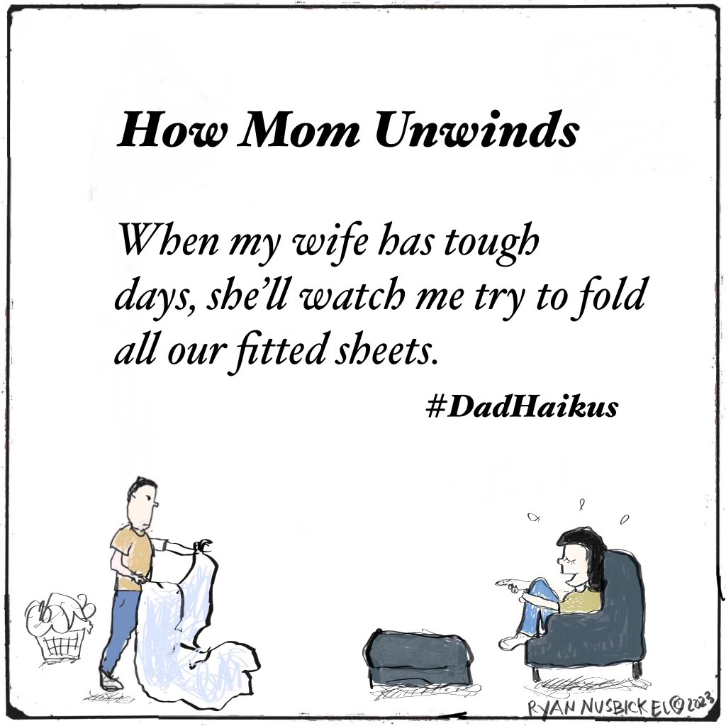 Dad__Haikus's tweet photo. We take our fitted sheets crumbled … not folded.  
#dadhaikus #dad #parenting #mom #haiku #poetry #cartoon https://t.co/m7H67GZWg7