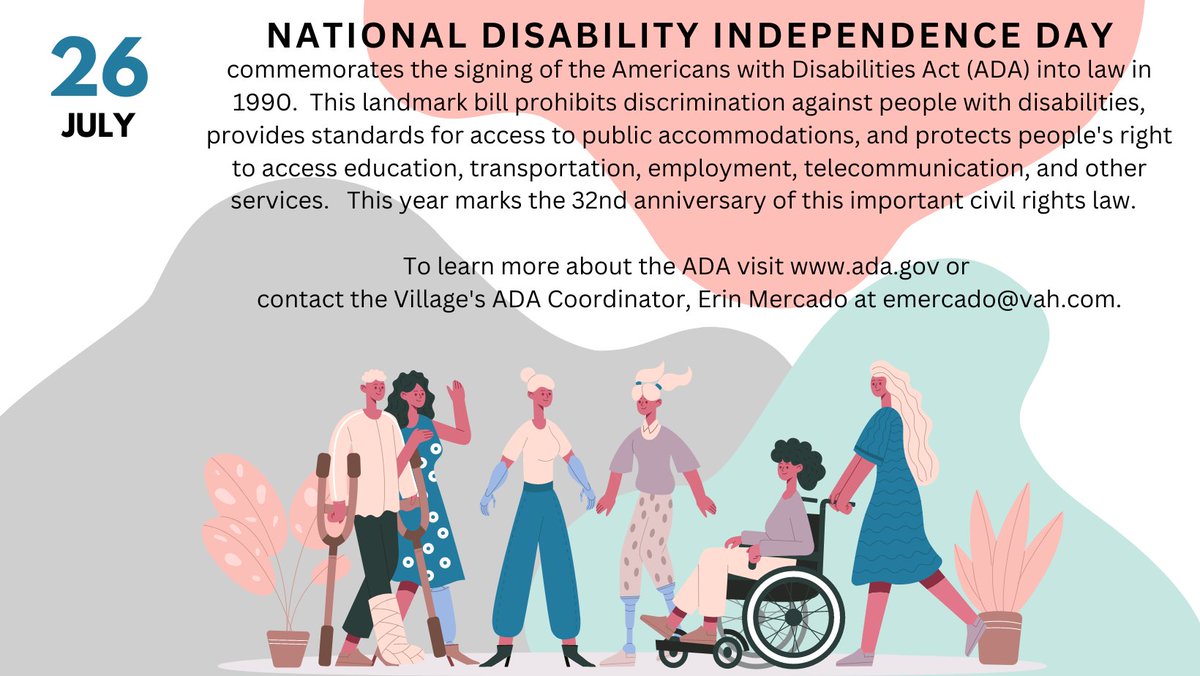 ArlingtonHtsGov's tweet photo. Today is National Disability Independence Day, celebrating its 32nd year!  To learn more about the ADA, visit https://t.co/cIG1ls52VU or contact the Village's ADA Coordinator, Erin Mercado at emercado@vah.com. https://t.co/7edQptLw5S