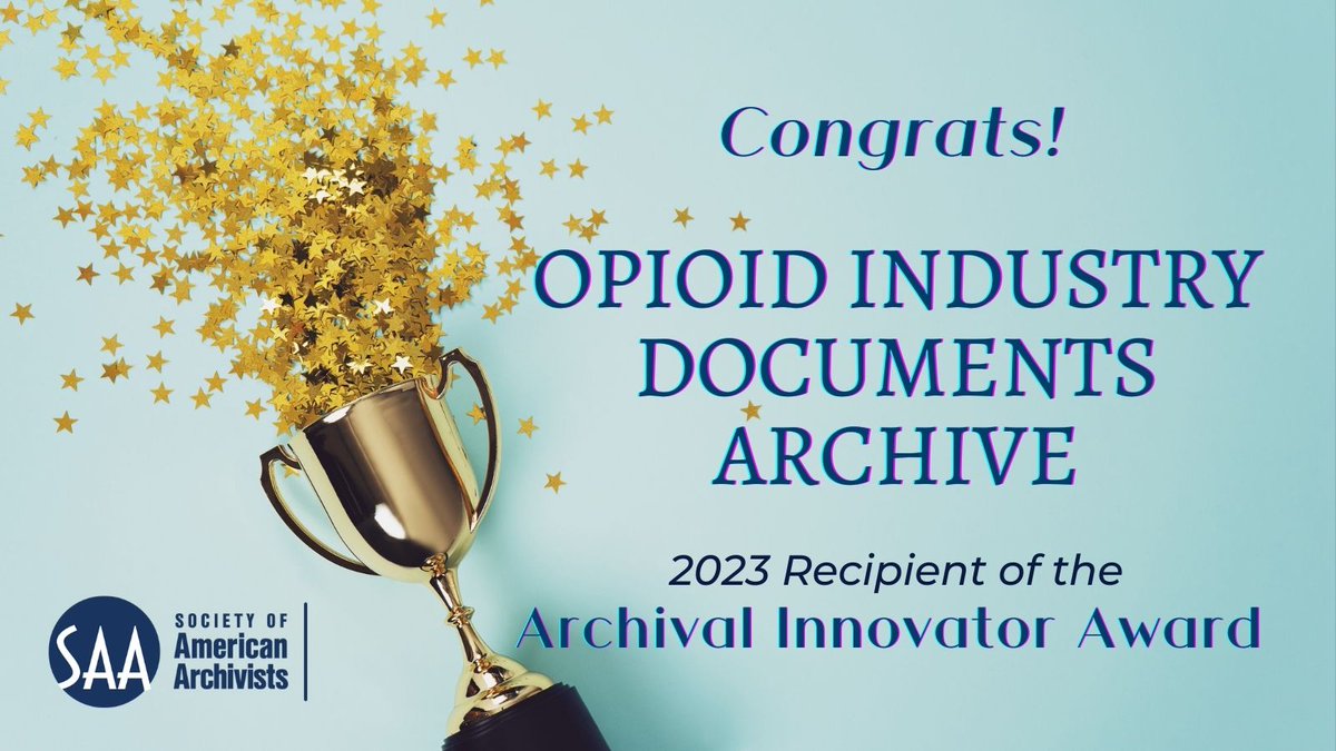 archivists_org's tweet photo. Congratulations to @industrydocs, a digital archives of litigation documents relating to the opioid epidemic, which is this year's recipient of SAA's Archival Innovator Award! https://t.co/a7oKaUc7jr https://t.co/zJBYwIABQ1