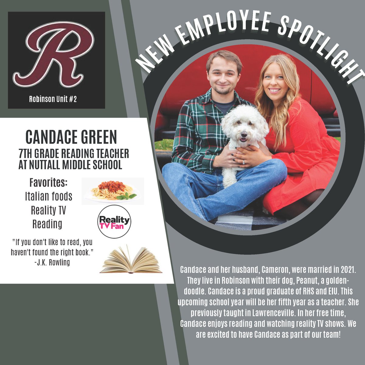 Welcome to our new 7th grade reading teacher at Nuttall Middle School, Mrs. Candace Green!