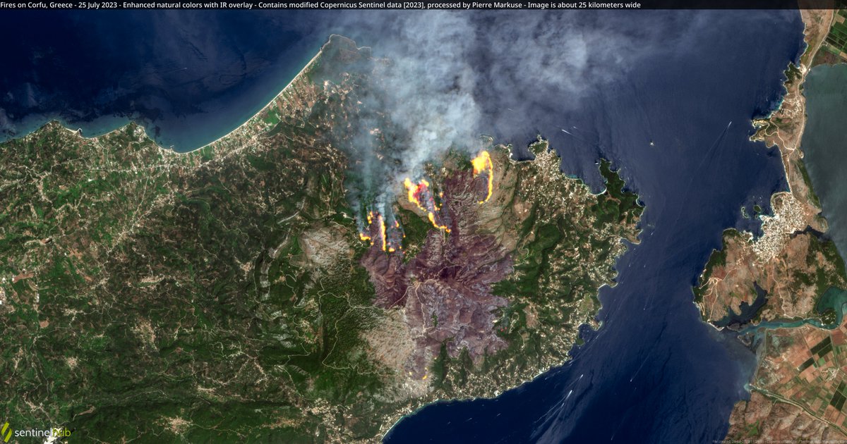 Pierre_Markuse's tweet photo. 🟠 Fires🔥 on Corfu, #Greece🇬🇷 - 25 July 2023 #Copernicus🇪🇺 #Sentinel-2🛰️ Full-size ▶️ https://t.co/sw2z7eycBP + https://t.co/fM1xQVCndv #RemoteSensing #OpenData #SciComm #fire #wildfire #Greecewildfires #Corfu #corfufire Images are about 25 kilometers wide https://t.co/5Thv0ySg01