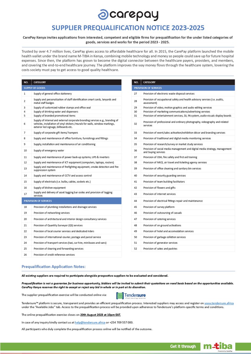 _tendersure's tweet photo. Tendersure is managing the supplier prequalification for CarePay Kenya. #Tendersure provides an efficient and transparent process and enables automated evaluation of bids. Interested suppliers can view more details on https://t.co/VZgijVpf9U #tenders #prequalification https://t.co/2uvjIO3Vn8