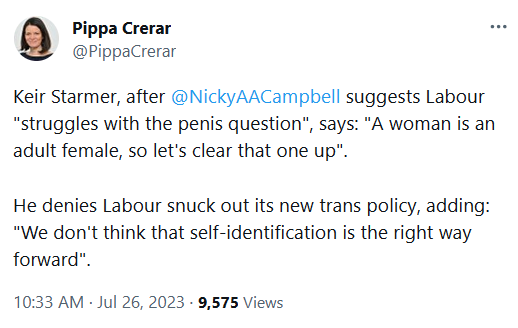 🚨 BREAKING: Keir Starmer personally confirms that Labour has abandoned its commitment to trans rights, stating that "a woman is an adult female".

He also ruled out self-ID for trans people.