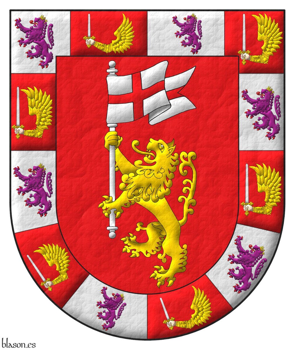 ntoniosalmeron's tweet photo. Coat of arms of Coraldo Rodolfo, emblazoned by me. #Lion #Rampant #Holding #Paw #Staff #Flying #Pennon #Charged #Cross #Bordure #Compony #Hand #Vambraced #Winged https://t.co/zJWu33o3S4