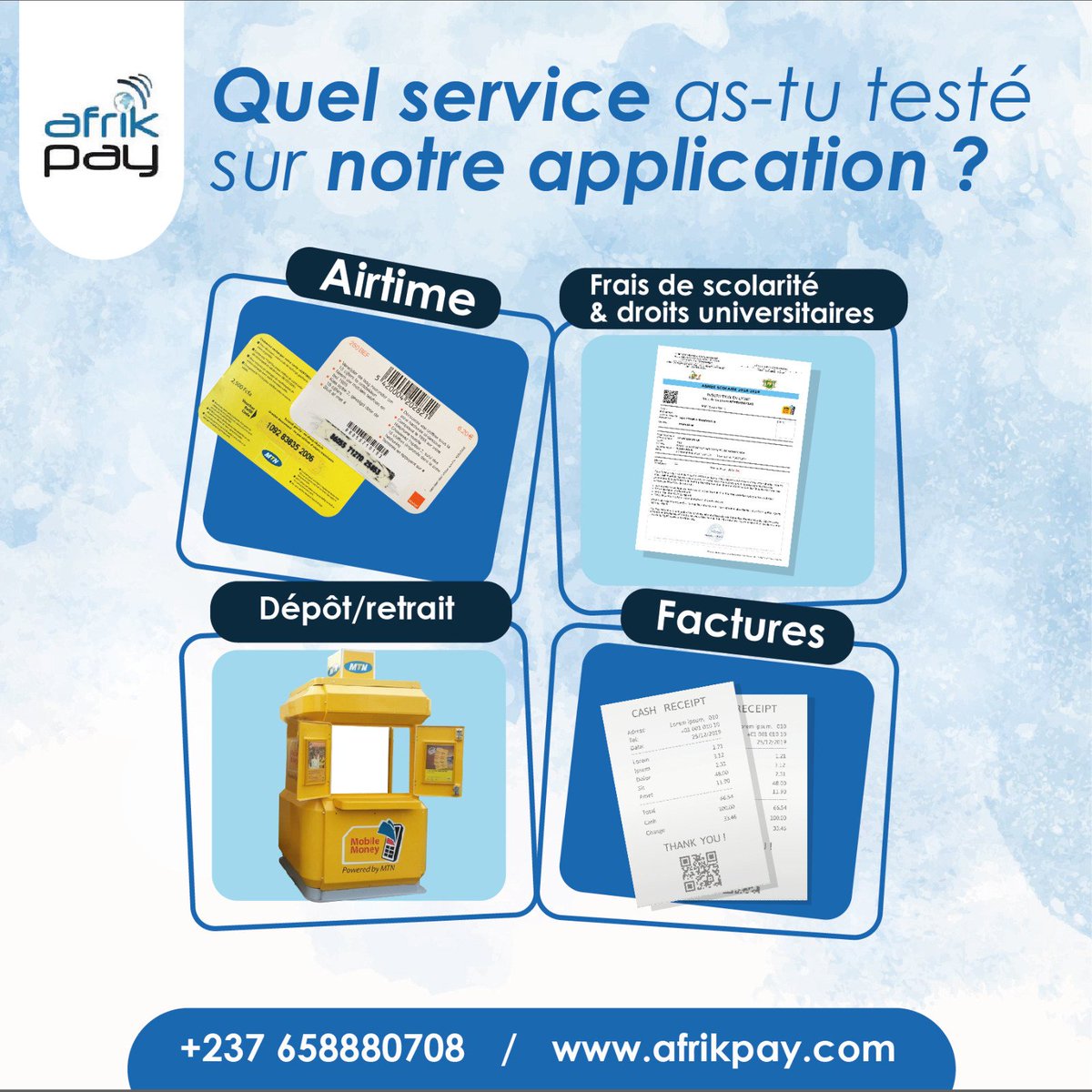 afrikpay's tweet photo. On rit, tu ris! Quel service as-tu déjà testé sur notre application ?
Dis-le moi en commentaire.
#afrikpay #MobileApp #financialservices #Cameroon #Cameroun #douala #yaounde #MONEY #FintechRevolution #Africa https://t.co/jMoRvCUMzz