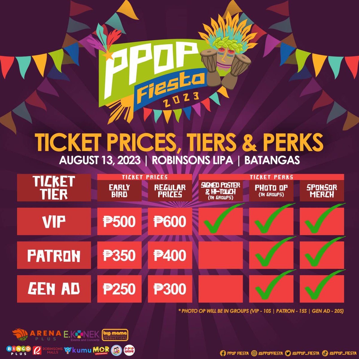 Hello PPOP fans! Here’s the Ticket Prices, Tiers &amp; Perks for Batangas Leg! 

For the Early Bird please use the code #PPOPFIESTABATANGAS til July 30 only! 

See you there!