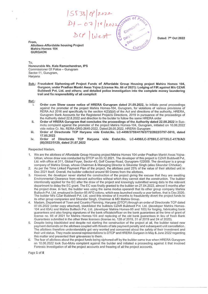 MahiraH104BWA's tweet photo. The #MahiraHomes104 allottees approached the Commissioner of @gurgaonpolice on 07-10-2022 and submitted a written complaint requesting thorough investigation by #EOW_Gurgaon in this money laundering and identify and fix all those involved.

@dir_ed @mlkhattar @PMAYUrban https://t.co/4Qz96dj1UP