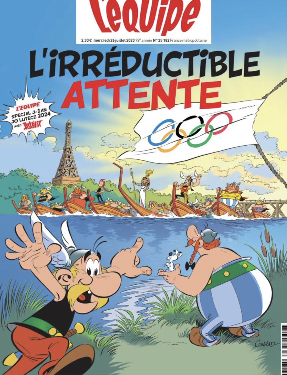 SIGermany's tweet photo. Die Kollegen der L'Equipe stimmen sich bereits langsam auf Olympia 2024 in Paris ein. Fantastisches Cover. 😀 @lequipe #Asterix #Obelix #Gallier #Olympia #Olympics #Paris2024 https://t.co/EIarev7Jid