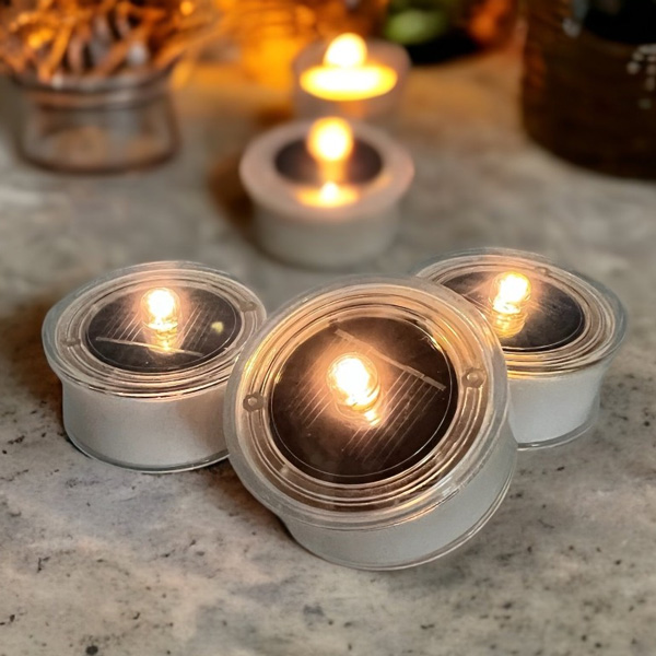 A pack of 3 solar powered warm white flickering LED tealight candles, leave out in the sunshine to charge throughout the day, and then dot around the garden.

bit.ly/3QdTIgZ
#solar