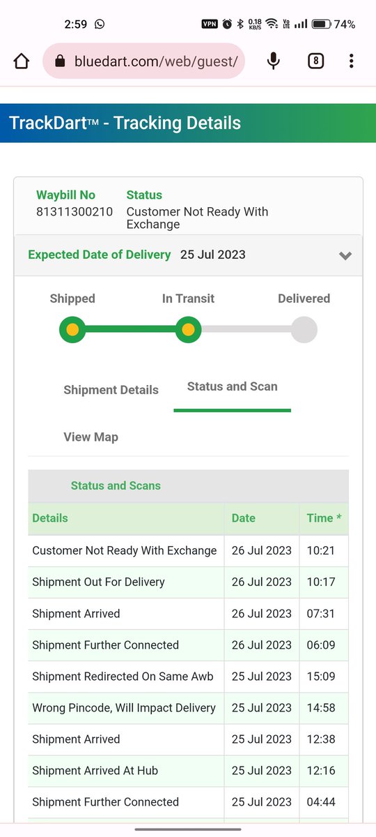 mayank7884's tweet photo. @BlueDart_ @BlueDartCares How can my shipment status is "Customer not ready for Exchange" just after 5 mins of "out for delivery" and no one from the delivery team called a single time. Can someone help me getting the current status or no. Of Jaipur delivery team. https://t.co/VutokTKhhr